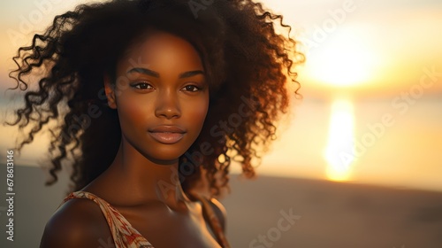 Close up portrait of young woman, black skin, looking at the camera at the beach with the sunset #678613146