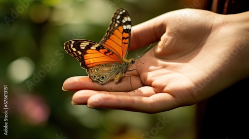 Environment concept, beautiful butterfly on woman's hand, ecosystem ​ © CStock
