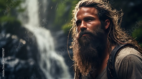 Mountain climber, close-up of bearded man near a waterfall in the forest photo