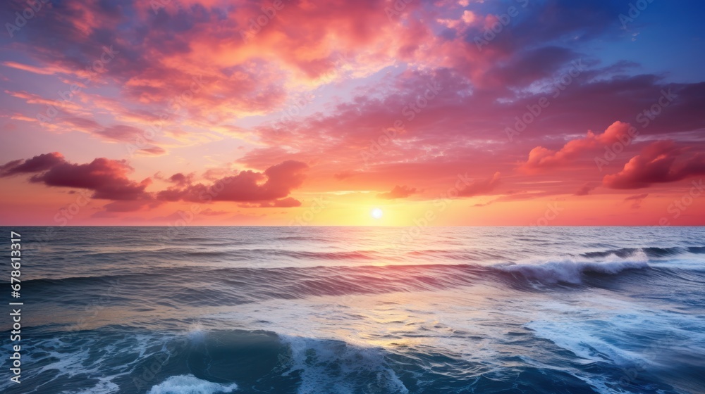 Ocean waves with sunset, beautiful sky with sunset, nature background