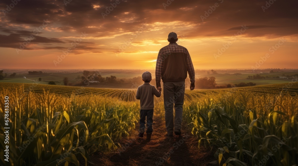 Fototapeta premium Farmland with sunset, farmer and his child walking in farmland