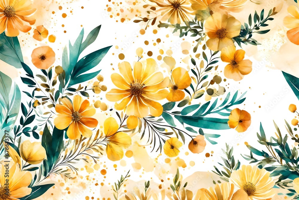 Abstract background watercolor gentle flower and gold splash flower, floral, vector, design, illustration, pattern, grunge, leaf, art, decoration, nature, plant