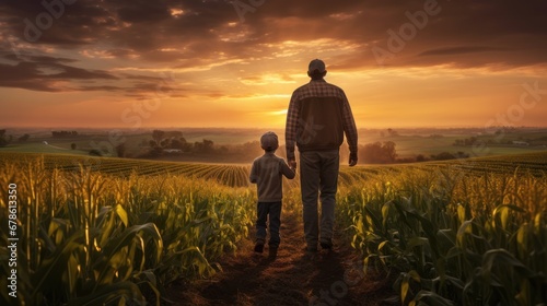 Farmland with sunset, farmer and his child walking in farmland