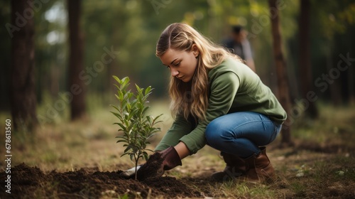 Teenagers and nature, teenagers planting trees in the park, volunteers and nature