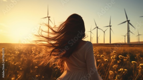 The back of a woman with long hair blowing in the wind during a beautiful sunset © CStock