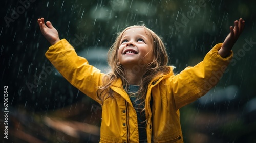 children and nature,Little girl arms outstreched standing on the rain