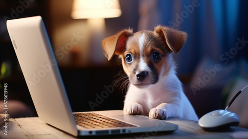 Cute puppy at laptop computer © Hassan