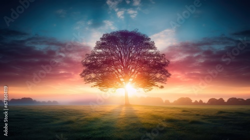 Beautiful sunset concept, Panorama silhouette tree in africa with sunset photo