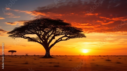 Beautiful sunset concept, Panorama silhouette tree in africa with sunset