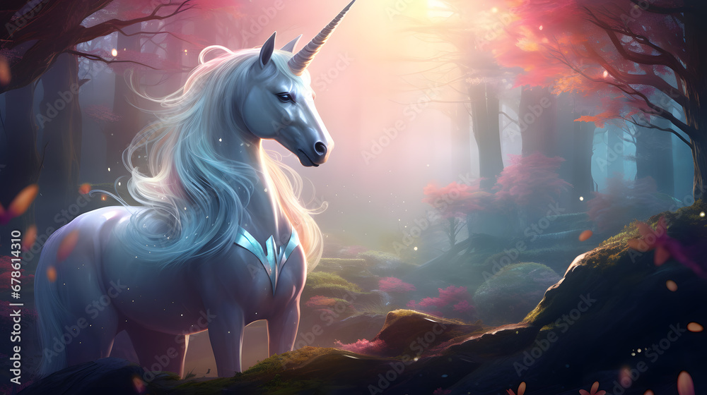 Obraz premium Mystical Unicorn in Enchanted Forest with Magical Sunrise Light