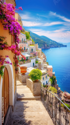beautiful view of Italy's amalfi Coast with red flowers, unique artsy architecture buildings and blue sea created with Generative AI Technology