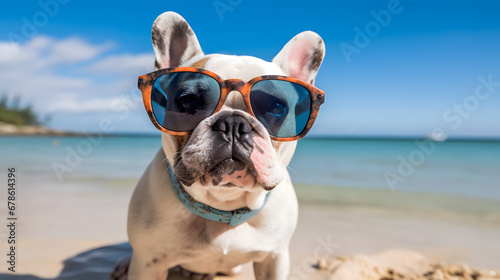 French Bulldog Wearing Sunglasses at the Beach
