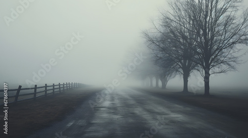 Misty Road with Bare Trees and Wooden Fence © HappyKris
