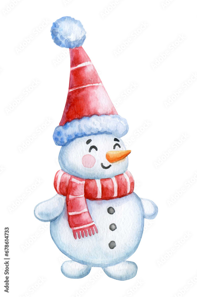 Happy cute snowman in a Santa hat isolated on a transparent background. Watercolor illustration