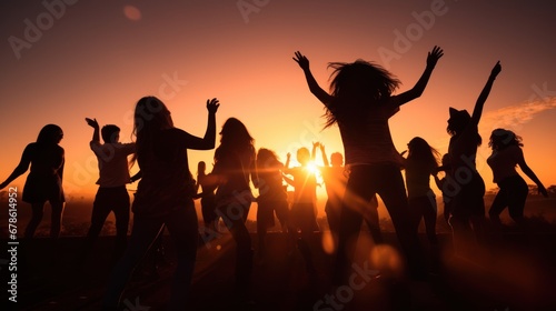 Silhouettes of a group of teenagers partying with dancers during sunset.