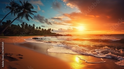 Sea landscape with sunset concept,Beautiful sunset tropical beach with palm tree and pink sky panorama