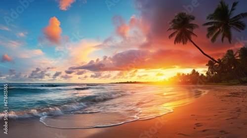 Sea landscape with sunset concept,Beautiful sunset tropical beach with palm tree and pink sky panorama © CStock