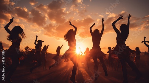 Silhouettes of two teenage girls jumping,Sunset party dancers silhouettes at summer music festival photo