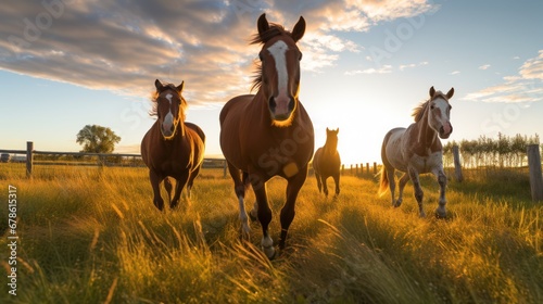 Environmental concept  Thoroughbred horses walking in a field at sunrise.