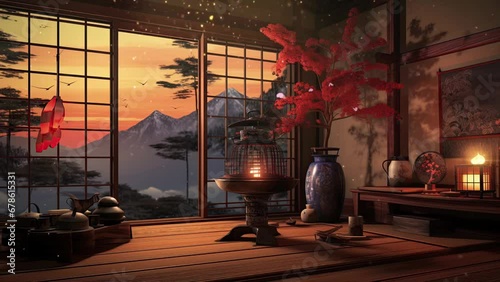 Soothing Shadows: Candlelit Japanese Tea Ceremony and Calligraphy Harmony. Top-Notch 4K Looping Video Animation for Backgrounds. photo