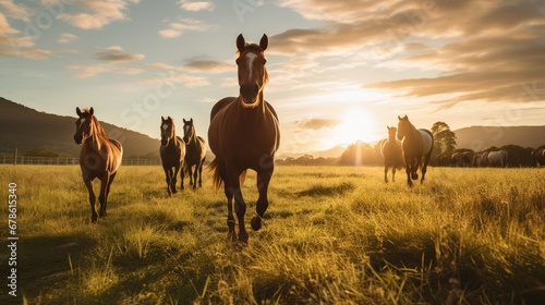 Environmental concept, Thoroughbred horses walking in a field at sunrise.