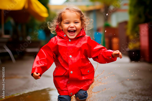 Ecstatic toddler in red coat jumping in rain puddle, city background. Shallow field of view.
