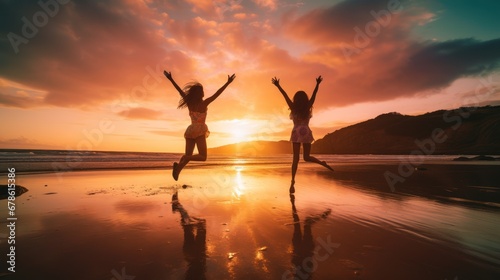 Silhouettes of two teenage girls jumping happily on the beach during sunset. photo