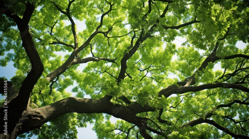 Environment concept,View looking up into lush green branches of large tree - obrazy, fototapety, plakaty 