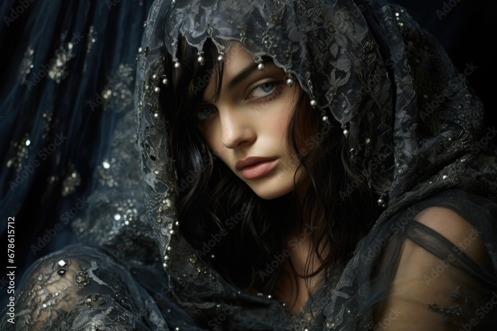 Sequin whispers from past glories aged model shrouded in silver and midnight hues 