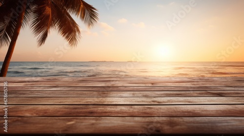 Wood plank with blurred sea and coconut tree background