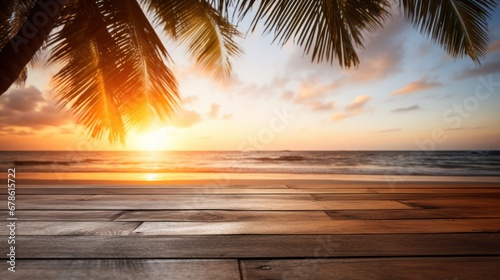 Wood plank with blurred sea and coconut tree background © CStock