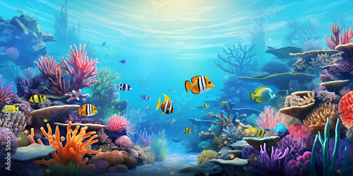 Marine Paradise Image, Tropical ocean environment with various fish coral and sharks .Beautiful sealife background and HD wallpaper,coral reef in aquarium,AI Generative  © kin