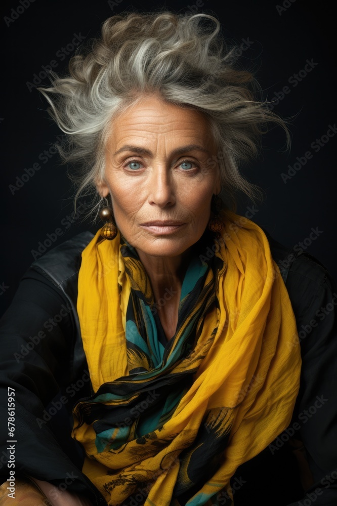 Aging model in fading limelight depicted in deep blacks soft yellows and teals Aging model in fading limelight depicted in deep blacks soft yellows and teals