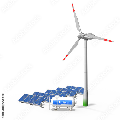 3d Solarenergie, Windenergie und Wasserstoff, alternative, klimaneutrale  und ökologische Energie, freigestellt. Solarpanele, Windkraftanlage und Wasserstofftank.