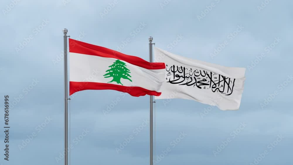 Lebanon flag and Afghanistan flag waving together on cloudy sky, endless seamless loop Lebanon flag and Afghanistan flag waving together on cloudy sky, endless seamless loop