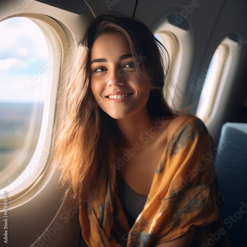A young woman is sitting in an airplane near the porthole © Danko