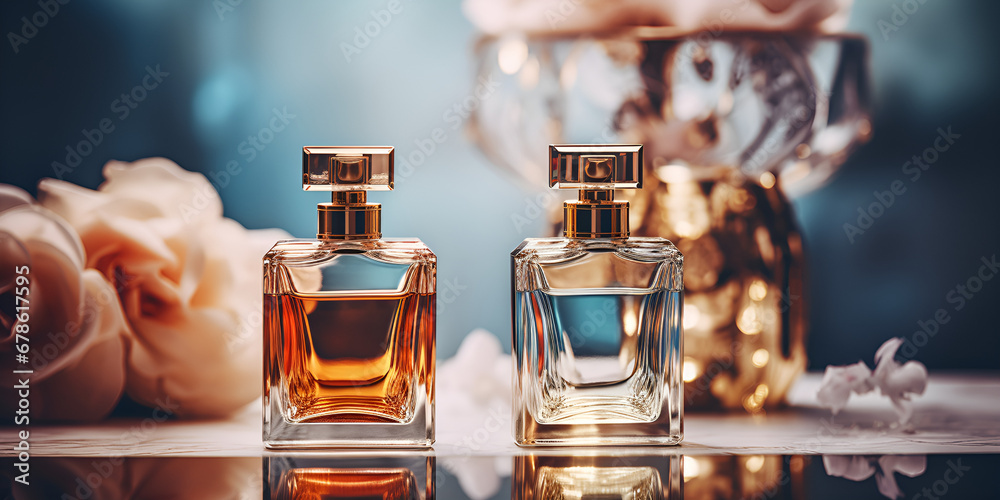Luxury fragrance bottles at perfume scent at presentation event, bespoke perfumery and beauty product sale, - obrazy, fototapety, plakaty 