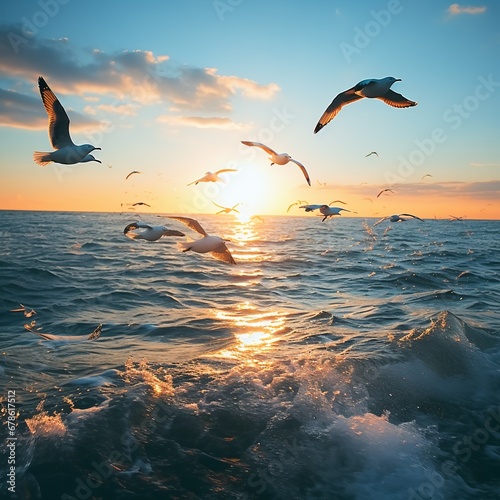 Beautiful sunset with flock of seagulls flying over the sea. Seagulls in the clouds of blue sky. Seagull flying in the blue sky. A seagull is flying in the sky. © Yulia