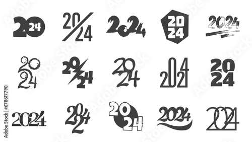 Text 2024 label. Modern calligraphy geometric and hand drawn elegant numbers  abstract type symbols design for traditional holiday. Vector set
