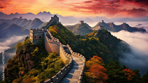 beautiful view of the ancient Great Wall of China with mountains, sky and trees created with Generative AI Technology photo