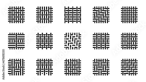 Weaving sample. Woven fabric textile swatch, cotton linen wool velvet, print with textile threads. Vector fabric texture set