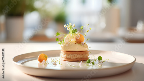 macro shot minimalist plating with Michelin style food on the plate