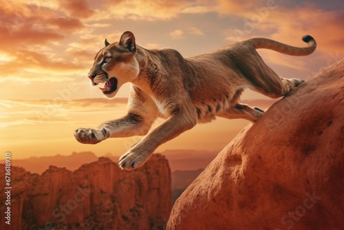 African puma cougar in the wild, in an aggressive predatory leap at sunset. AI generated. photo