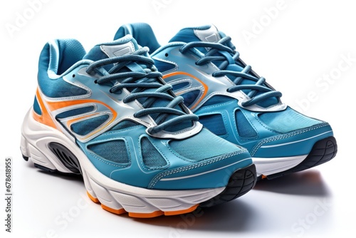 Detailed view of runners shoes mid-race isolated on a white background 