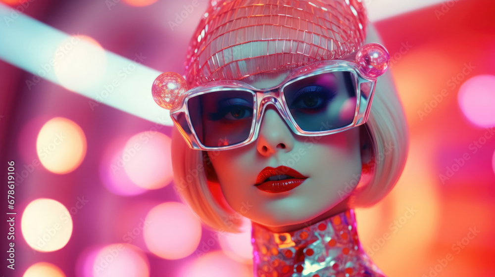 Fashion retro futuristic in surrealistic 60s70s disco club culture