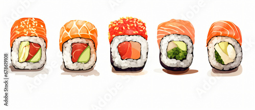Sushi rolls set with salmon and tuna fish isolated on white background