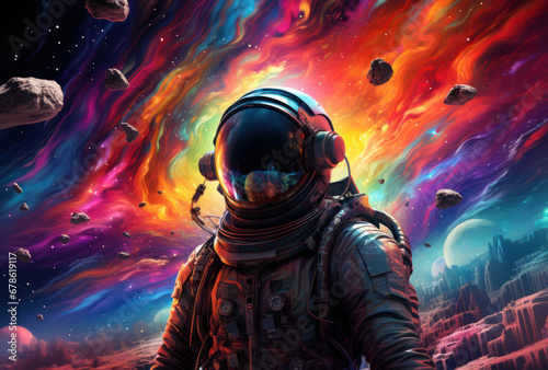 An astronaut in a spacesuit explores colorful space, Generative AI