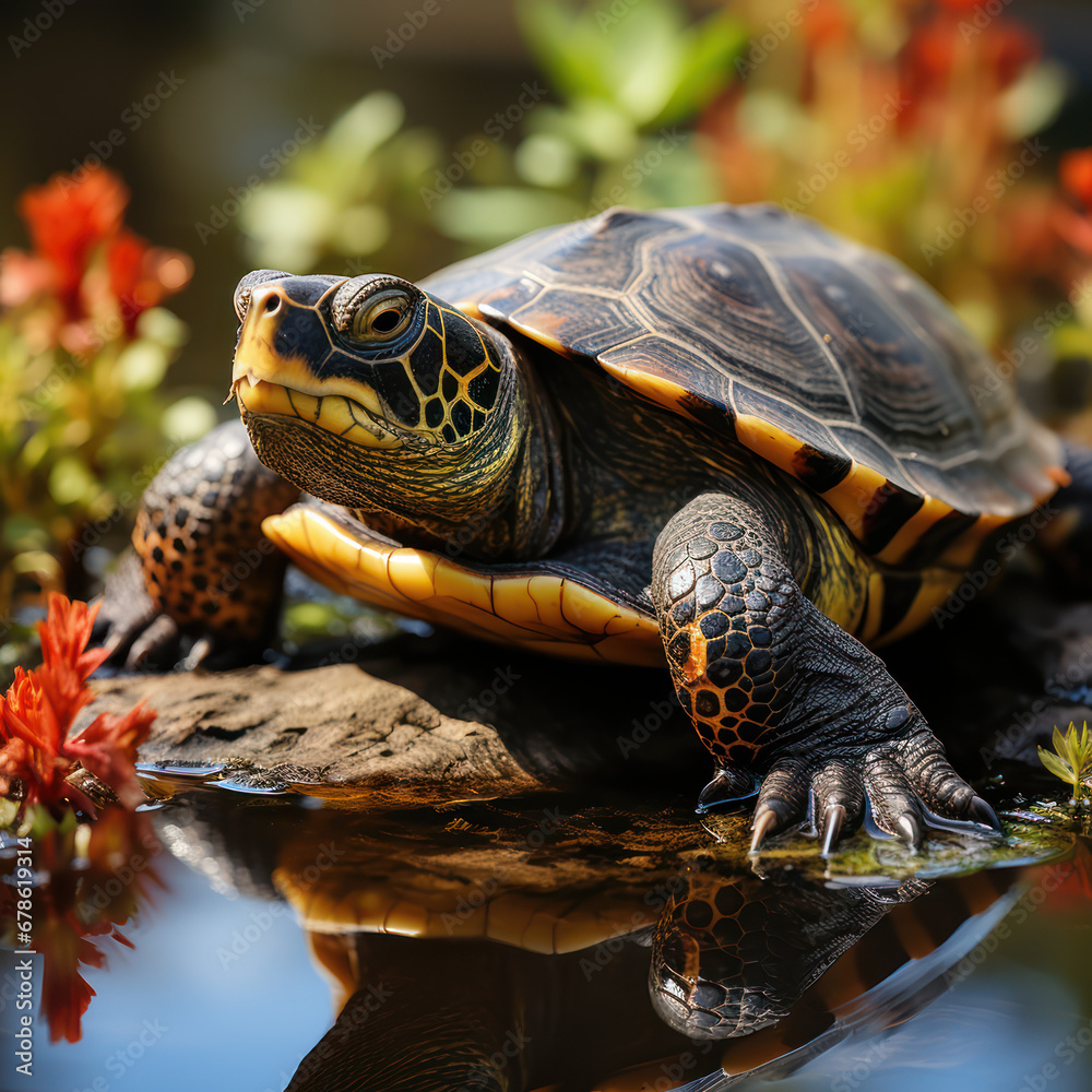 Obraz premium A serene turtle basking on a log in a calm pond 