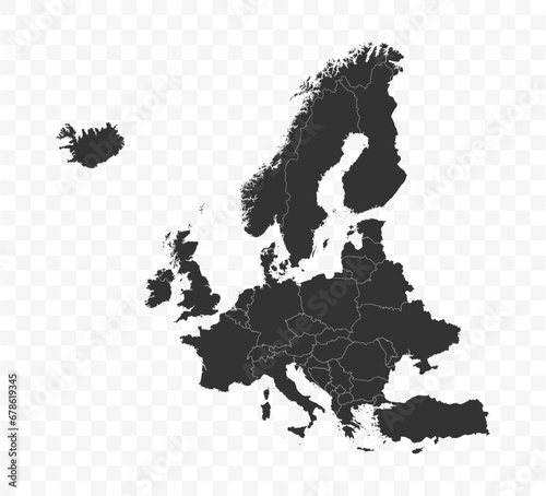 European continent map and country borders. Europe map on transparent background. Stock illustration.