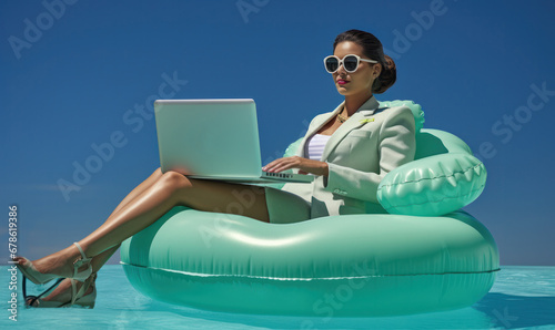 Female office worker on a pool float with a laptop, working from home, Generative AI